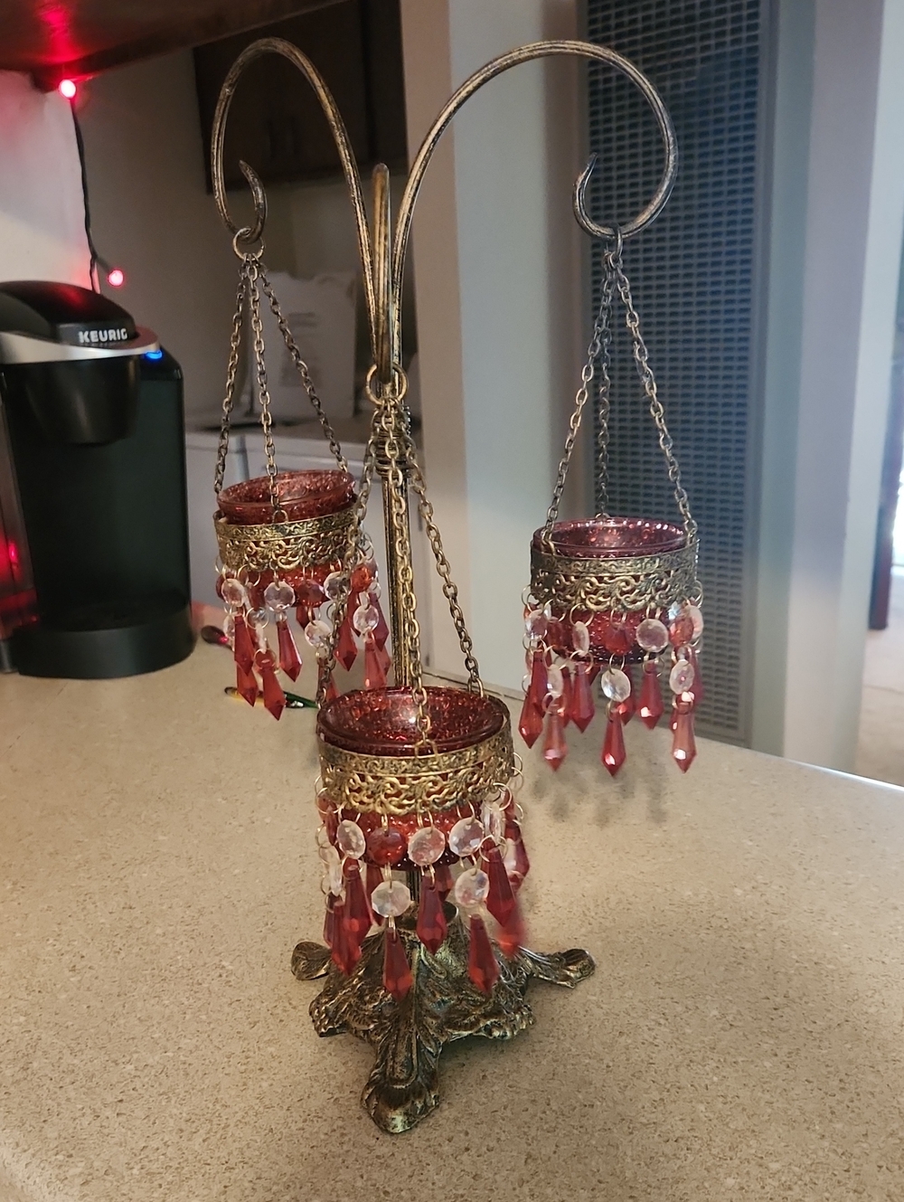 Vintage Glass Beaded Triple Candle Chandelier